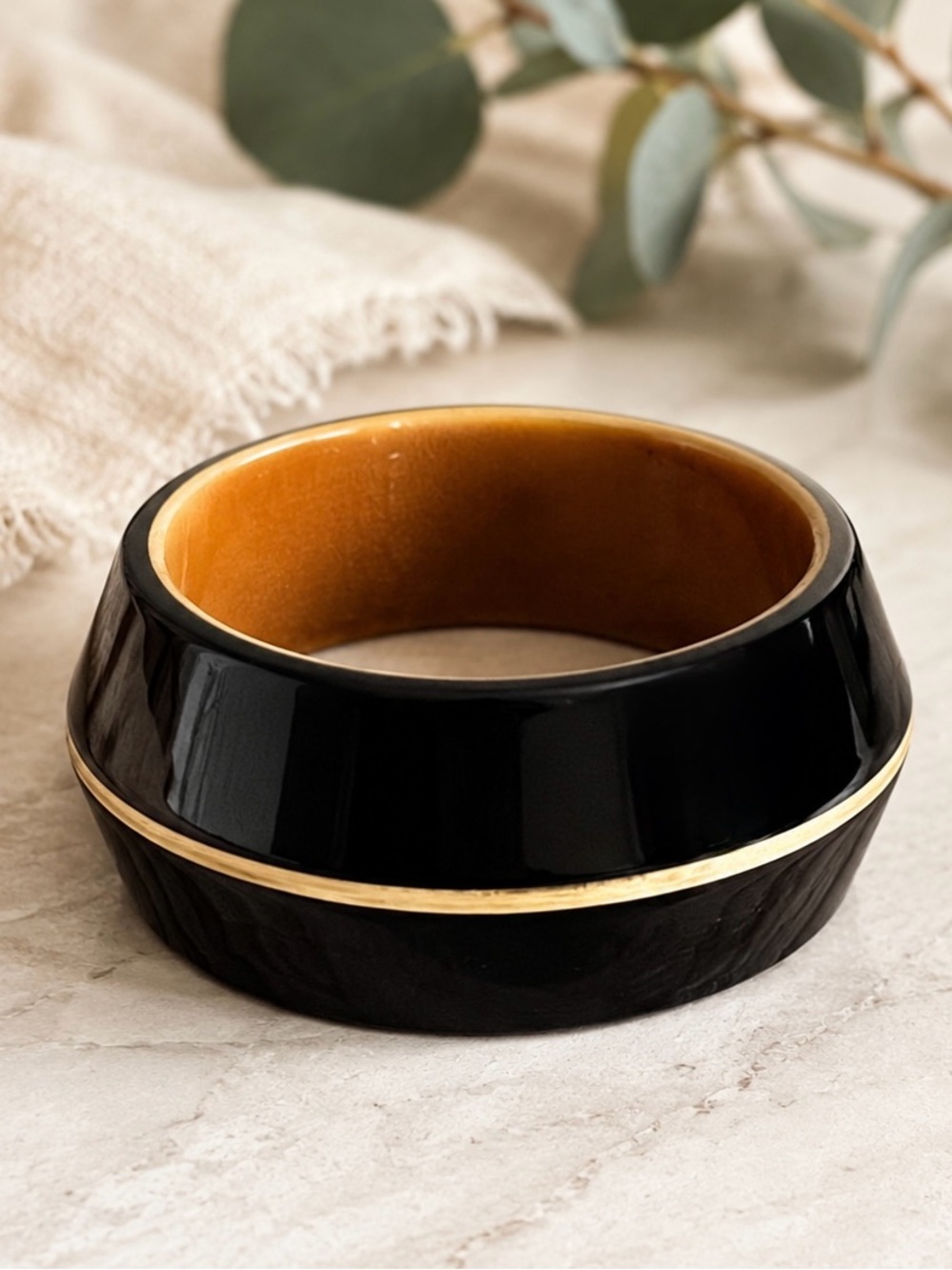 Vintage Black Lucite Wide Chunky with Cream Rust Accents Bangle Cuff Bracelet